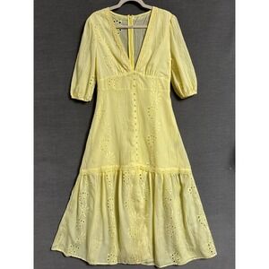 NEW Anewsta Dress 6 Yellow Eyelet Embroidery Tiered Midi Cottage Retro Hippie
